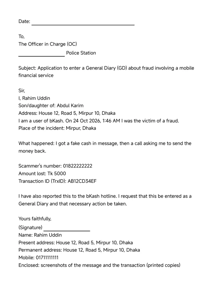 The printed GD application addressed to the Officer in Charge, with the name, father's name, address, account of what happened and scammer's number filled in, and blank lines for the date, station and signature.