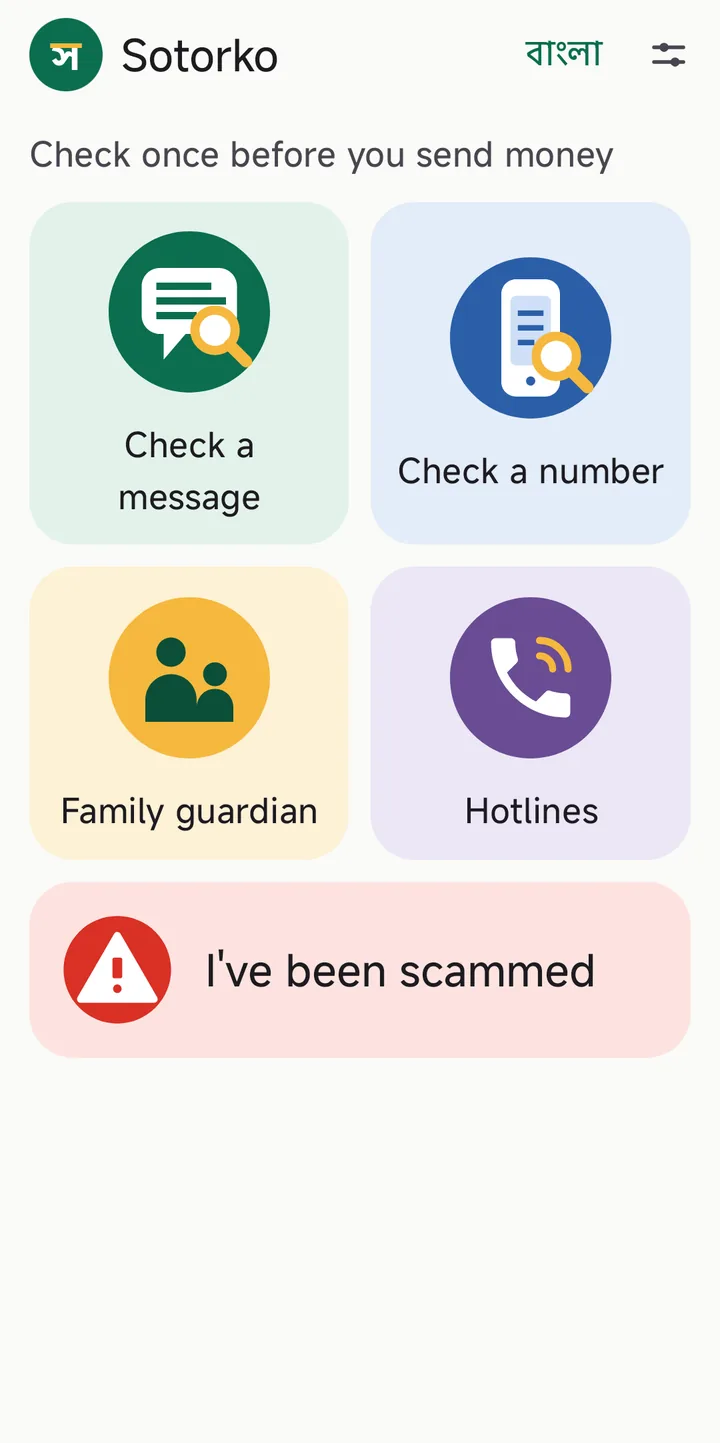 The Sotorko home screen: big picture buttons for Check a message, Check a number, Family guardian and Hotlines, and a red "I've been scammed" button below.